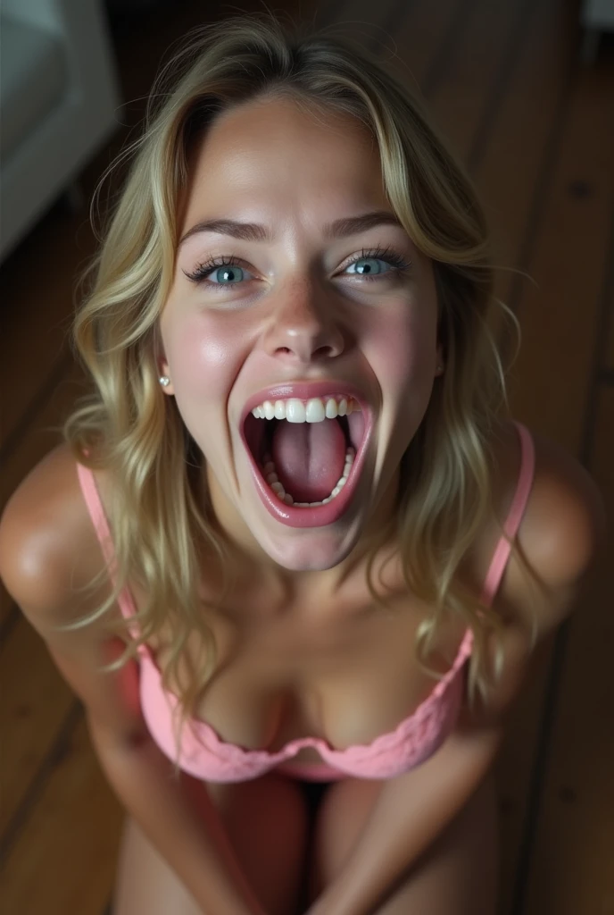 female white young teen, mouth very wide open and smiling, eyes wide open in a crazed look, long hair, wearing pink lace lingerie, extreme skin detail, ultra realistic, 8k, wallpaper, kneeling on floor, viewed from above
