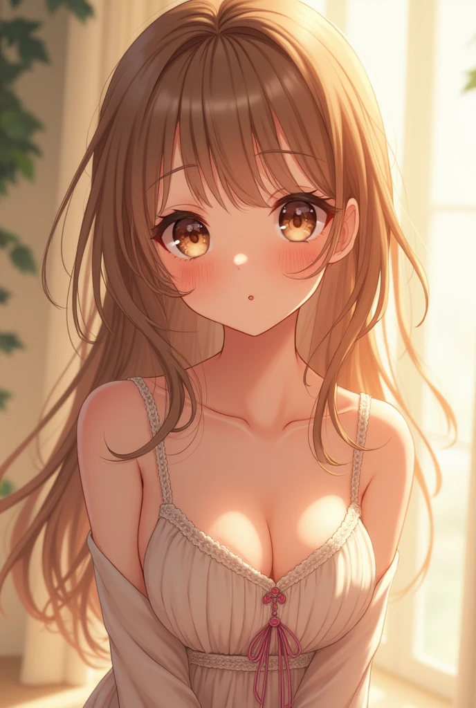 A cute anime girl with long hair, cute cheeks cute face, bigger chest, light brown hair amber eyes bigger chest bigger