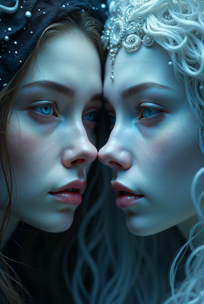 A realistic image, face of a white wizard next to a white witch, mystical image, psychedelic,  black backdrop