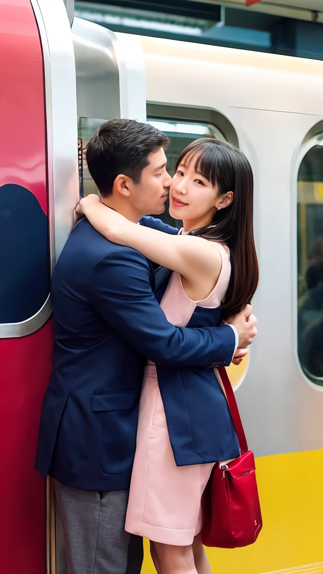  Molester, blush, View your viewers, , (Highest quality:1.3),One person,Nudity viewing warning, Crowded train, Japan ,Blazer uniform, Handsome man hugging his girlfriend from behind, Talk in her ear, Lift her up