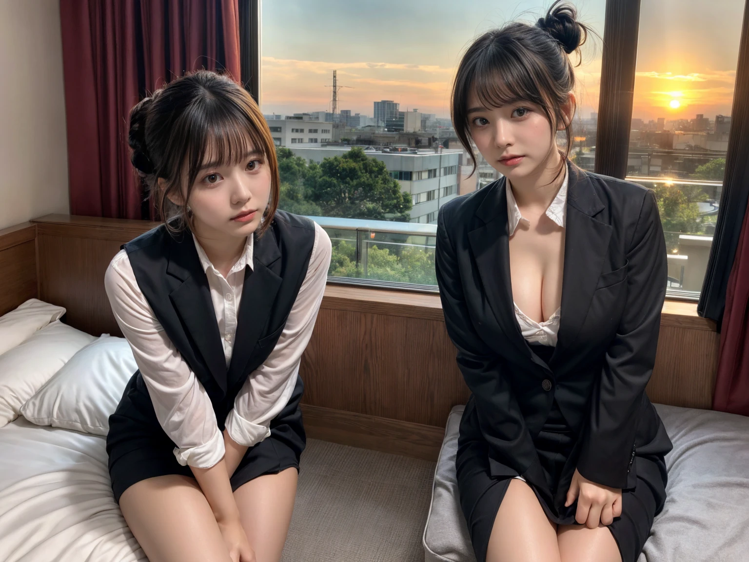 masterpiece, best quality, illustration, Super detailed, fine details, High resolution, 8K,wall paper, perfect dynamic composition,(Details High quality, realistic depiction of eyes:1.3), (2 girls), short hair, Office Lady, ,Suit,Collared shirt, Black Suit,Black jacket, updo, huge breasts, black hair color, Big Natural Color Lip, bold sexy pose, crying a little、cold gaze, Harajuku style、20 year old girl、cute type、ta、beautiful legs, hotel room, full body photo、focus on crotch, hposing Gravure Idol, Sexy shot looking at camera, Sunset, by the window, Summer, make up, Curve