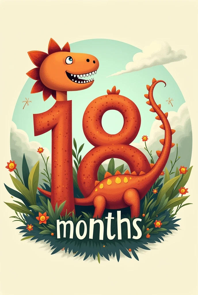 Image that says 18 months with animated dinosaur typography and everything is inside a small circle