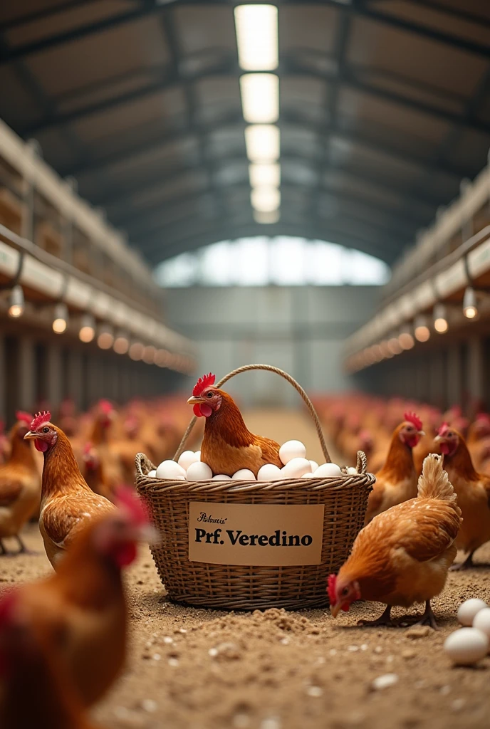 design a shed to house industrial laying hens during the egg production phase,  make the nests and there is no need for the eggs to appear in the nest, I want them in a basket and put the logo with the writing on this basket: Prof.: Veredino. Place the birds on the perch, on the ground and on top of the nest.