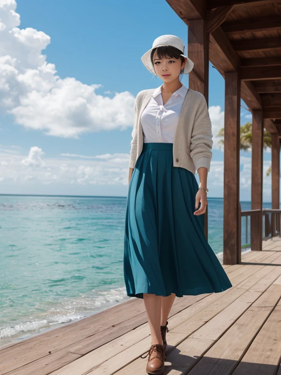 Pastel tones、High definition、Anime-like、The ocean can be seen beyond the gentle hills、High and blue sky、A shining white cumulonimbus cloud、Boardwalk、（A young lady with silver hair, a half-green outfit, a long skirt and a cardigan, wearing a wide-brimmed white hat）and（A maid in classical maid outfit wearing a bonnet）Walk together