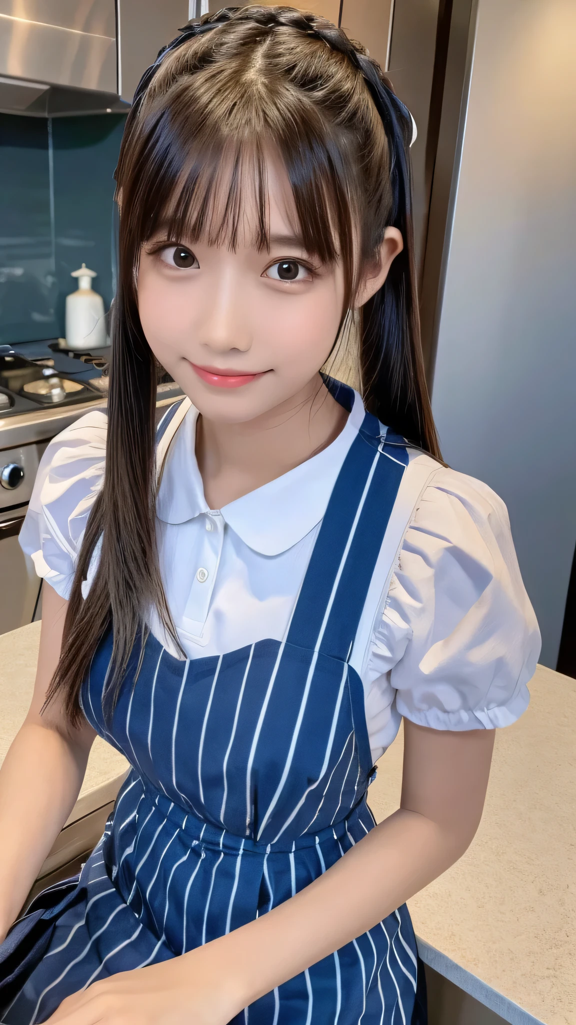 ((masterpiece, Highest quality, High resolution)), One of the Japan, (Realistic: 1.4), smile、Pointed Mouth、Great face,Glossy Lips、15 years old, Silver Hair、Silver Hair、Silver twin tails、(Beautiful Hair:1.5), Sailor suit、Striped apron、Cleavage、kitchen、I&#39;m cooking、stare、Angle from the front, Smooth, Highly detailed CG composite 8K wallpaper, High resolution RAW color photos, Professional photography, Light, BackLight, dream-like, impressive, Written boundary depth, (Face close-up:1.4)、Sweaty face、Sweaty body、Sweaty clothes、(Wet with sweat:1.1)
