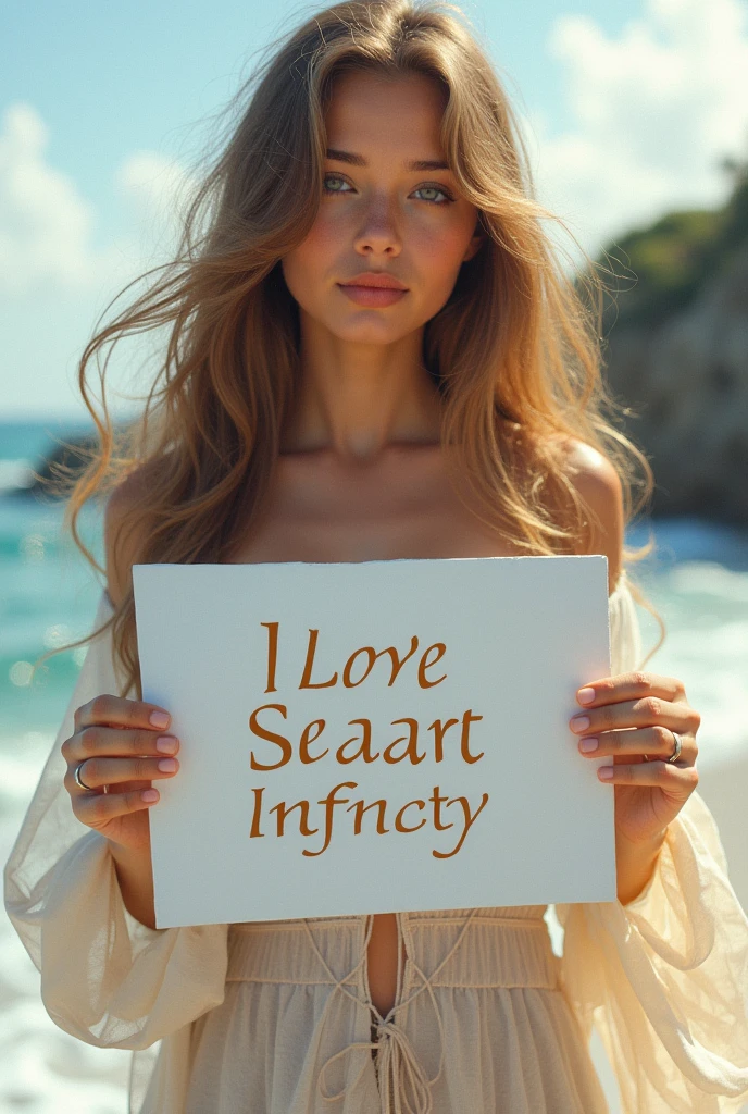 Beautiful girl with wavy long hair, bohemian dress, holding a white board with text "I Love Seaart Infinity" and showing it to the viewer