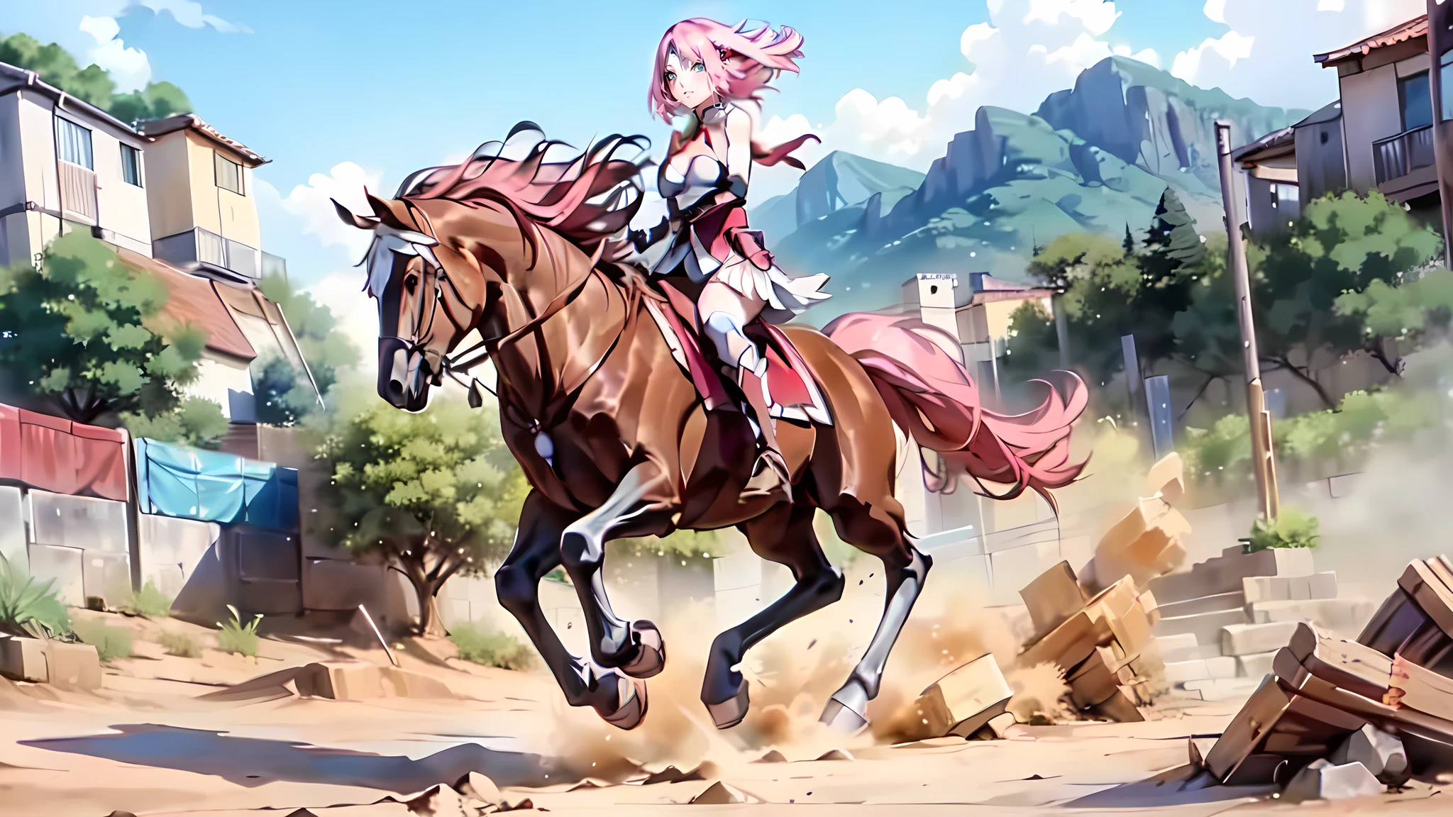 ((best quality)), ((anime masterpiece)), (high detailed), 8k, cinematic lighting, anime screencap, HDR, vivid color, sakura haruno riding a BROWN HORSE, (haruno sakura, medium hair, {pink hair}, medium breast, cleavage), determined face, (red armor, red gauntlet, red miniskirt, red boots), mountains, outdoor, open field, ((from side: 1.2)), anatomically correct