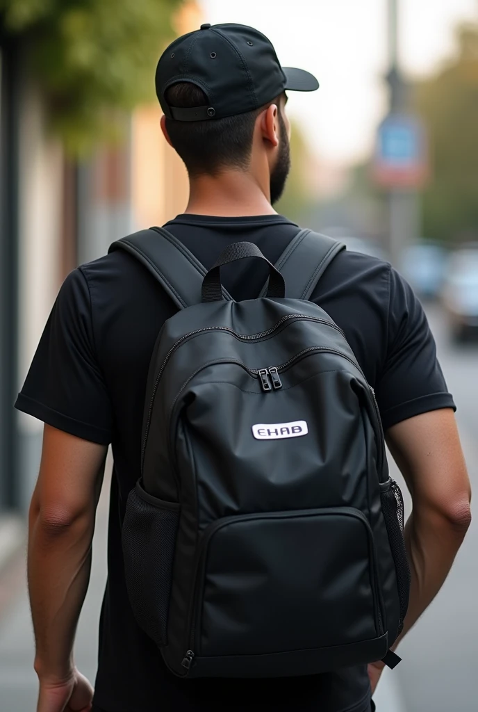 delivery with a black shirt and with a delivery backpack looking at the camera