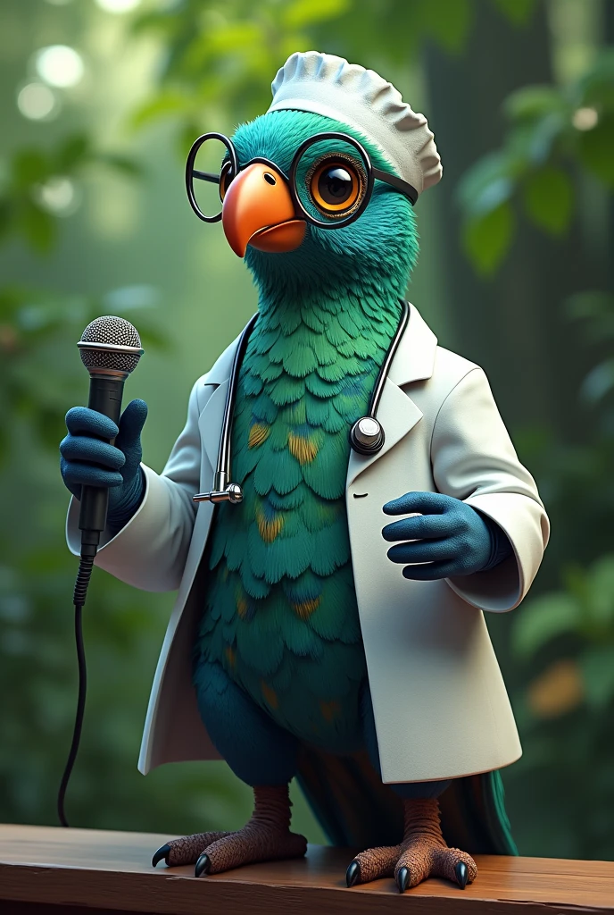 Generate a male quetzal that has a doctor&#39;s coat, a microphone, glasses and dentist cap 