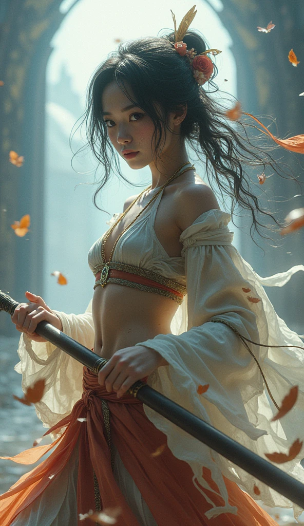 Highest quality　8K Japanese Beautiful Girl　Fantastic World　Fantastic costumes　Fantastic Background　Long shot　whole body　Fantastic Building　Fighting stance　Sweat gushing forth　Disheveled Hair　heavy breathing　Carrying a weapon　The figures are small