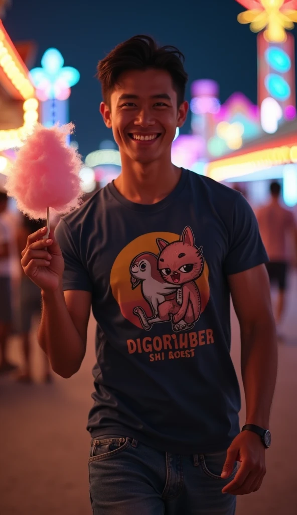 photorealistic, best quality, masterpiece, extremely detailed, sexy, homoerotic, extremely handsome, youthful good looks, 25 year old muscular indonesian man, muscular bodybuilder, fitted graphic print tshirt, tight jeans, big smile, happy, holding out cotton candy towards camera, walking around funfair carnival, at midnight, ambient lighting, dramatic shadows, extremely romantic atmosphere, perfect face, perfect fingers, perfect hands, perfection