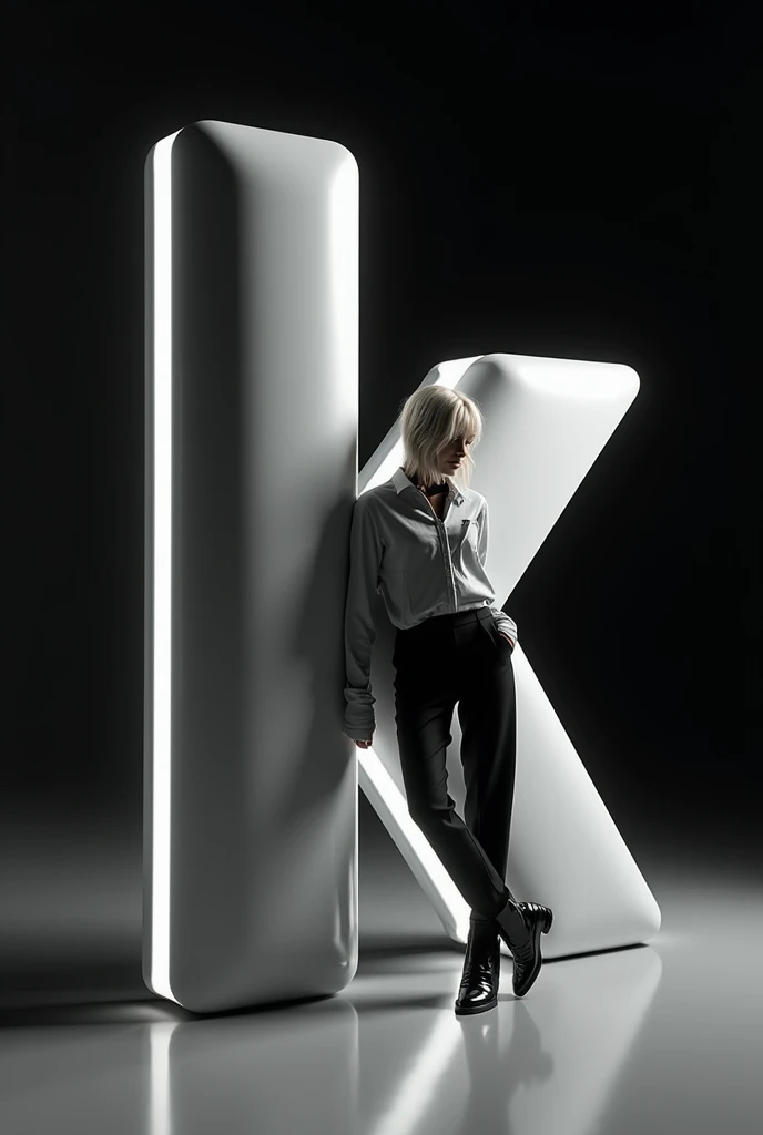 Create an image featuring a large, glossy, “k” 3D letter in the foreground with a girl leaning casually against it. The person should be dressed in stylish, monochromatic clothing and have a confident pose. The background should be a dark gradient to keep the focus on the letter and the person. Ensure that the lighting gives a soft glow to the edges of the 3D letter and casts subtle shadows to add depth to the overall composition.\