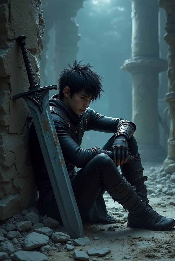 Create an image with a guy sitting on the floor with spiky hair and leaning against a broken wall. He has a sword leaning against his shoulder that is bigger than him and is also wearing black clothing that looks like armor. He is facing forward. He has no beard and his left eye is injured and the weather is night.