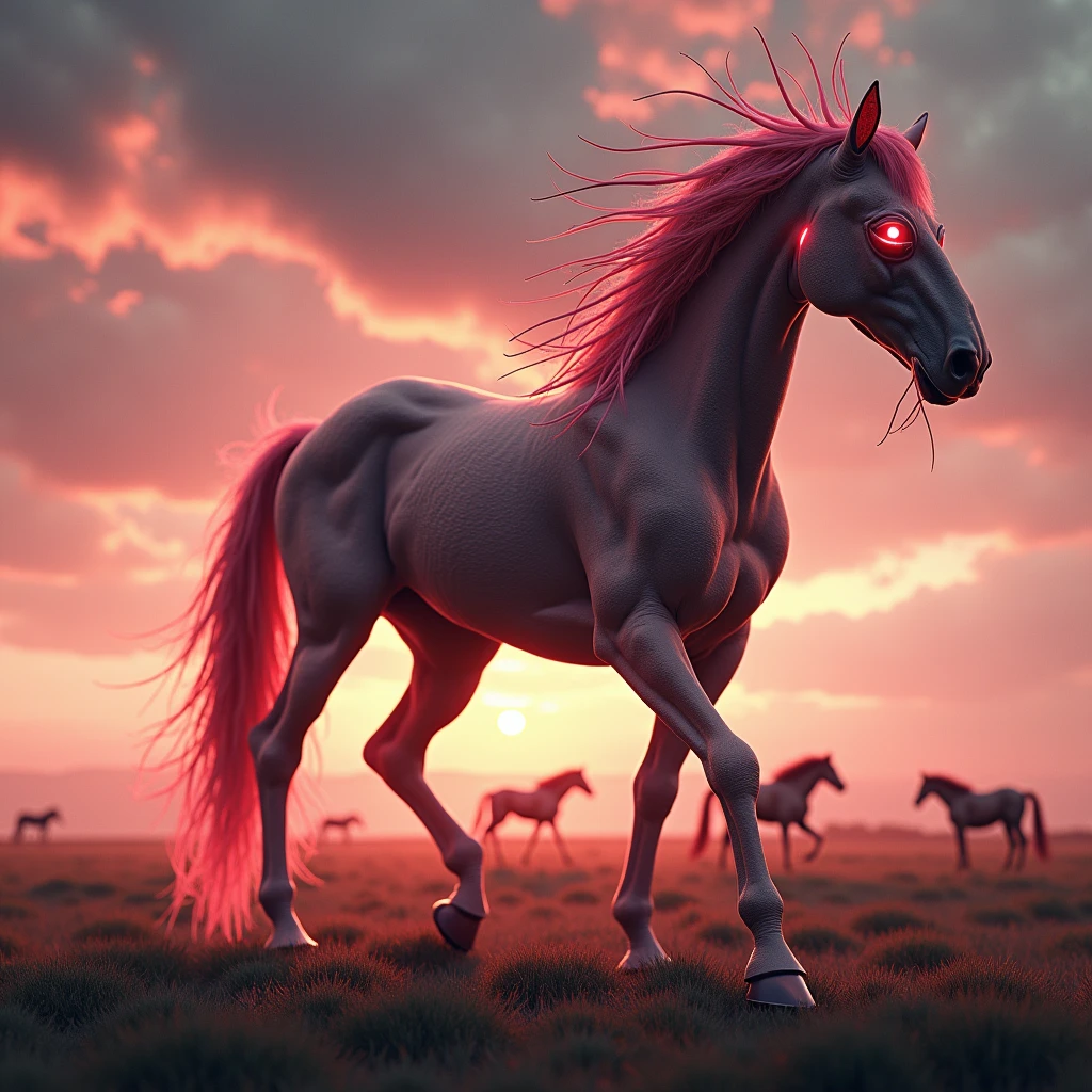 (((3D,CGI))) A hyper-realistic detailed intricate monster alienoid with a body structure similar to a horse, exaggerated and elongated limbs, skin texture with red and pink hues mimicking an ethereal sky, eyes glowing intensely against a darker face inspired by white dots, and protrusions or antenna-like structures resembling dandelion seeds. The backdrop should be a landscape with silhouetted horses running across a horizon under a dramatic sky. High  hyper-realistic detailed intricate monster alienoid with a body structure similar to a horse, exaggerated and elongated limbs, skin texture with red and pink hues mimicking an ethereal sky, eyes glowing intensely against a darker face inspired by white dots, and protrusions or antenna-like structures resembling dandelion seeds. The backdrop should be a landscape with silhouetted horses running across a horizon under a dramatic sky. Noir, award winning science fiction painting by Greg Rutkowski, James Gurney, artstation, concept 