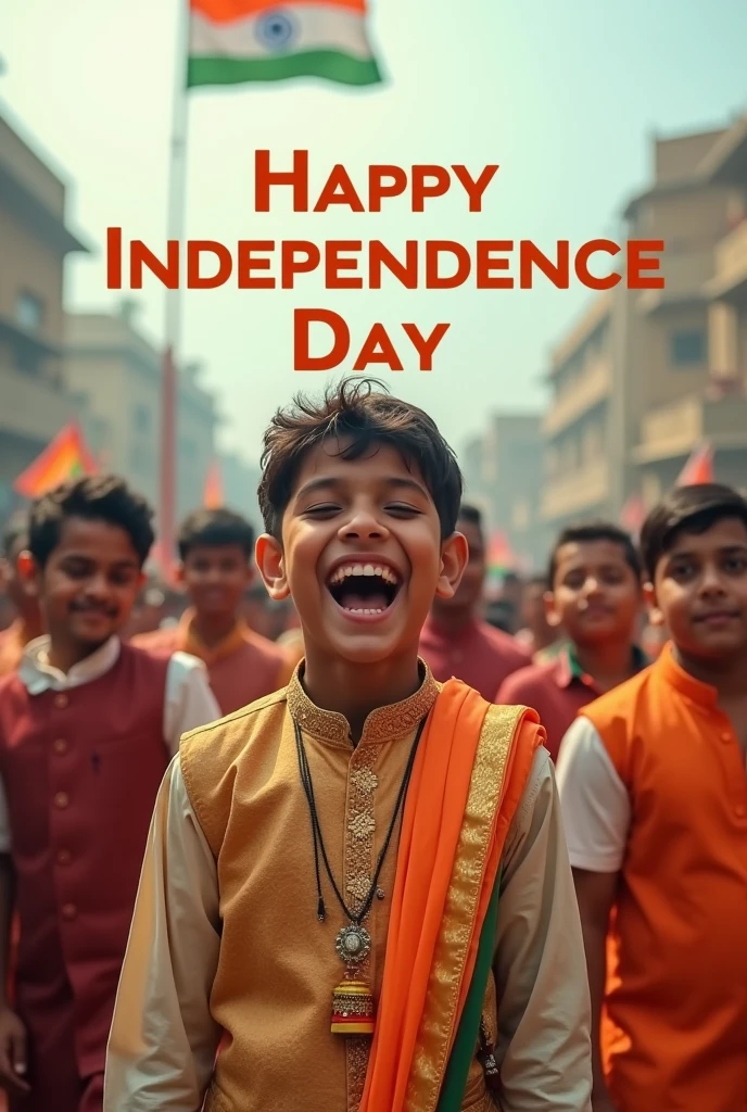 Independence Day Photo
A real 17_year-old boy joyfully celebrates Indian Independence Day. He is wearing traditional Indian outfits with the name "Sagar written on his attire. Above him, in the sky, the words "Happy Independence Day" are displayed in a bold font. The backdrop is filled with people celebrating, enhancing the festive and patriotic spirit of the day.