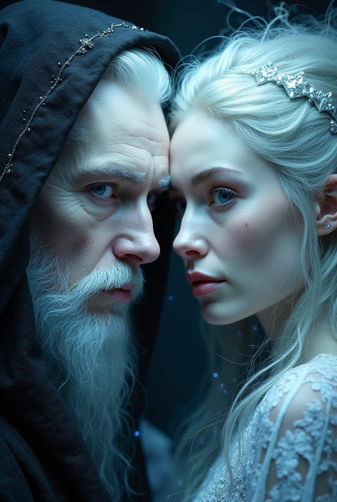 A realistic image, face of a white wizard next to a white witch, mystical image, psychedelic, black backdrop