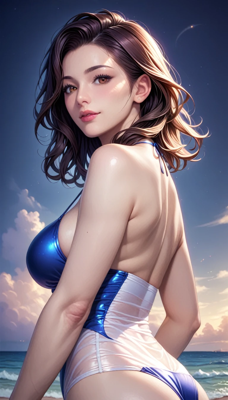 score_9, score_8_superior, score_7_superior, High resolution 3D anime style,A masterpiece in 32K resolution,Highest quality,it is really amazing,Very detailed,Ultra-high resolution,Ultra-realistic,Realistic,Increased depth of field,Cinematic lighting,
(Sexy mature Japan woman:1.2),
(black straight medium hair:1.1),(Ultra-detailed and beautiful face:1.1),(Calm and gentle look:1.1),Beautiful brown eyes,Translucent white skin,Realistic skin texture,Great proportions,
Elegant swimwear,
Summery design,Chic color scheme,Beautiful and delicate decoration,Detailed fabric texture,
(Dark overcast sky on a dull night:1.1),(Dark clouds filling the sky:1),(Thundercloud:1),Coastline at night,Stormy seas,(delay々A desolate sandy beach that continues:1),
(Beautiful back view:1.1),(Low - Angle:1.1),