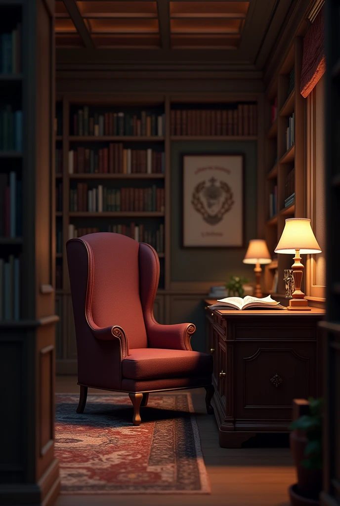 In the library there is a chair next to the desk