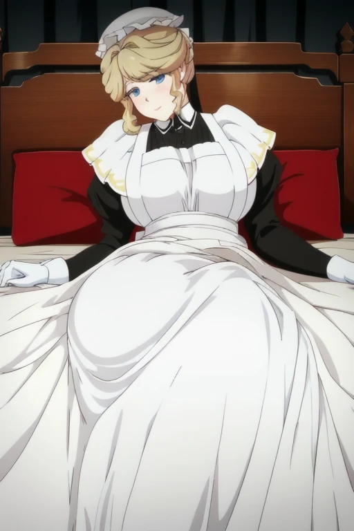 Maria_VM, huge_breasts, standing, solo, VIctorian_Maid_Uniform, masterpiece, best quality, detailed face, detailed eyes, highres, white gloves, long skirt, leaning back, posing, laying down, bed, bedroom 