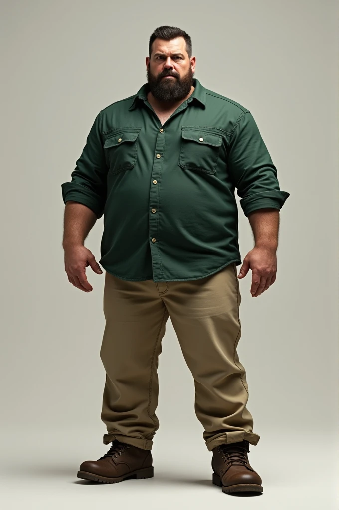 Tall, stocky man with short brown hair and brown eyes, short beard. serious expression, intimidating, centered. Green flannel shirt and beige pants. Brown boots.