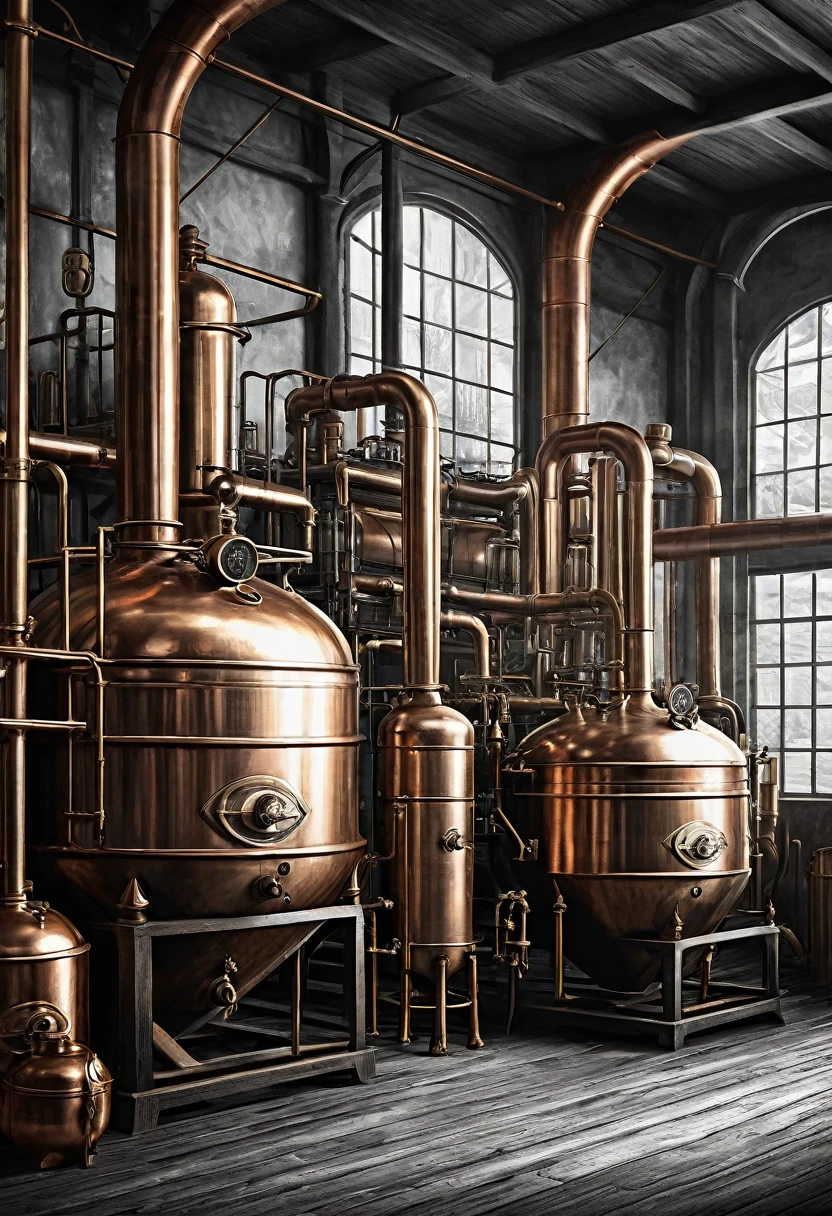 detailed sketch illustration of a still, cachaça distillery, black and white illustration, vintage style still, traditional, highly detailed, studio lighting, chiaroscuro, dramatic shadows, intricate machinery, copper elements, aged wood, brass fittings, industrial aesthetic, precise linework, moody atmosphere, cinematic perspective, photorealistic, masterpiece