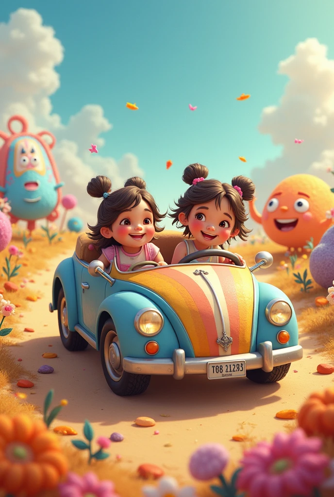 Two girls playing in a car, one on the steering wheel and the other in the seat, on a hill of happy stones