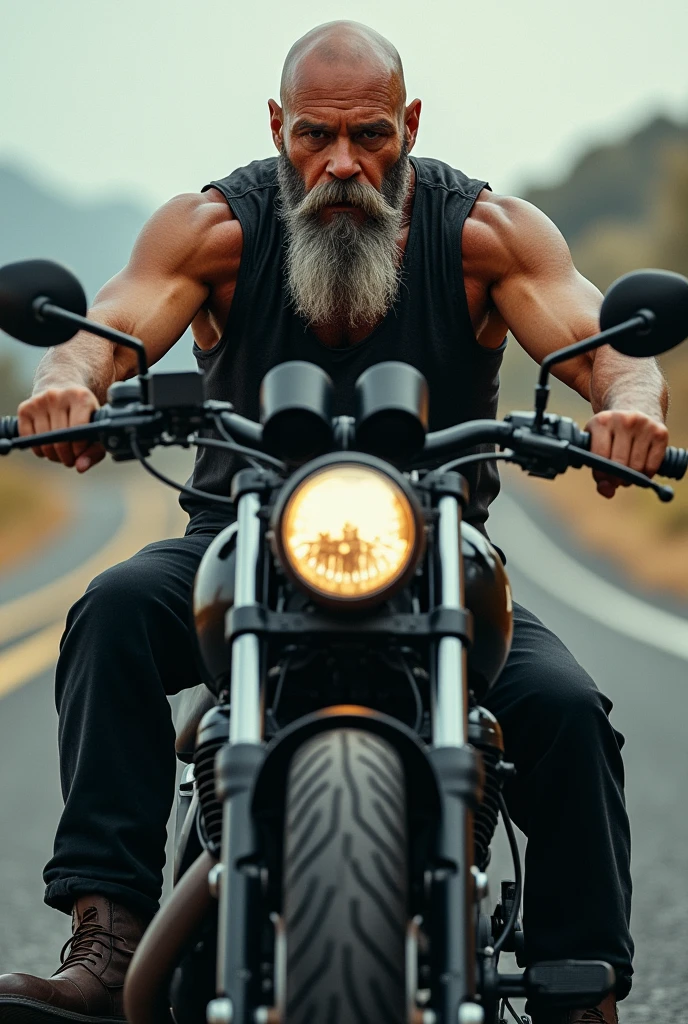 Make a man with a gray beard, calvo, with a big forehead riding a motorcycle wearing a black vest