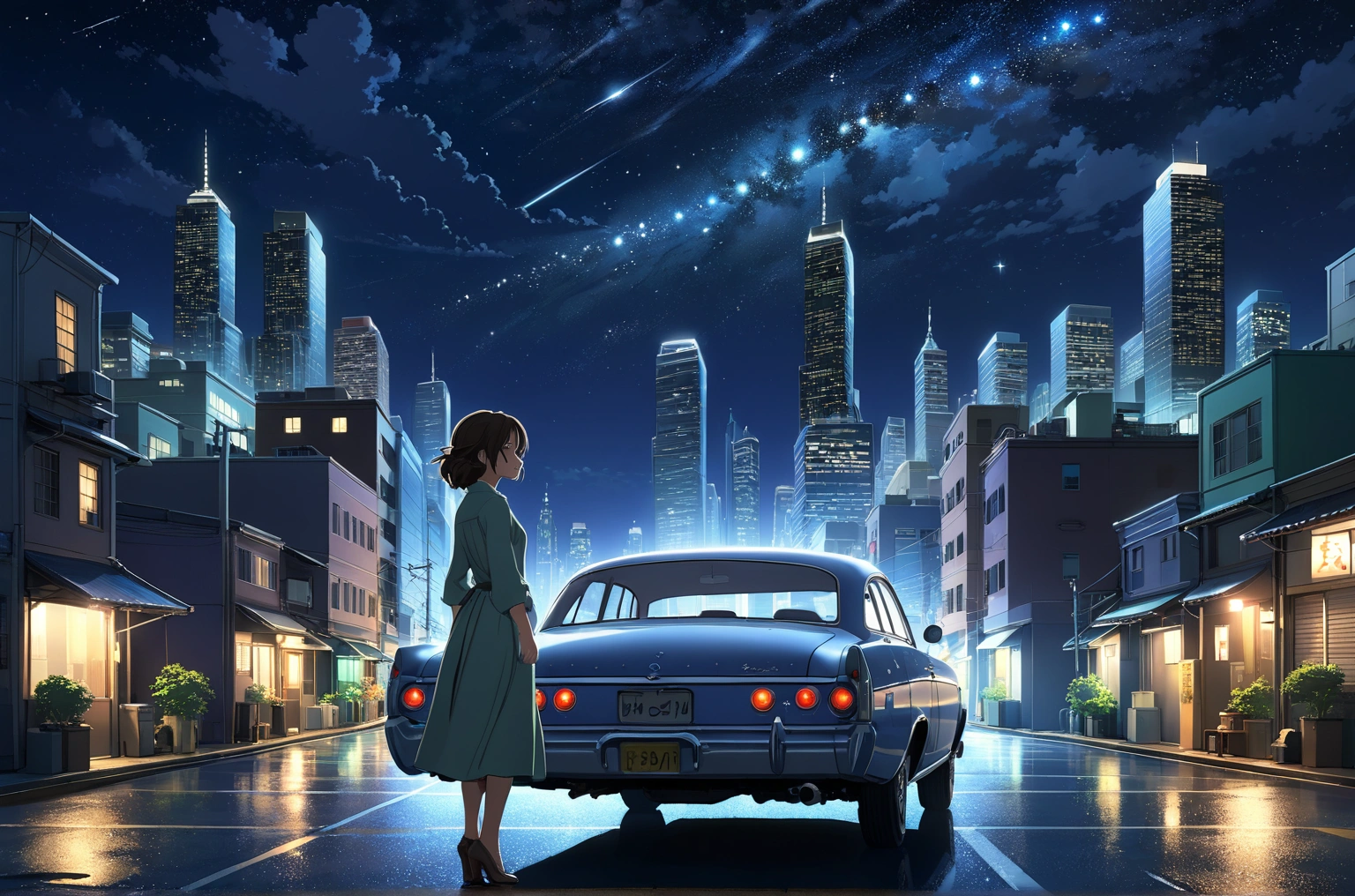 Uses Makoto Shinkai&#39;s depiction perfectly,Portrait of Kate Beckinsale,8k 4k masterpiece photo、Standing alone、Cityscape、Buildings、night、There are many stars in the sky、The car is running、