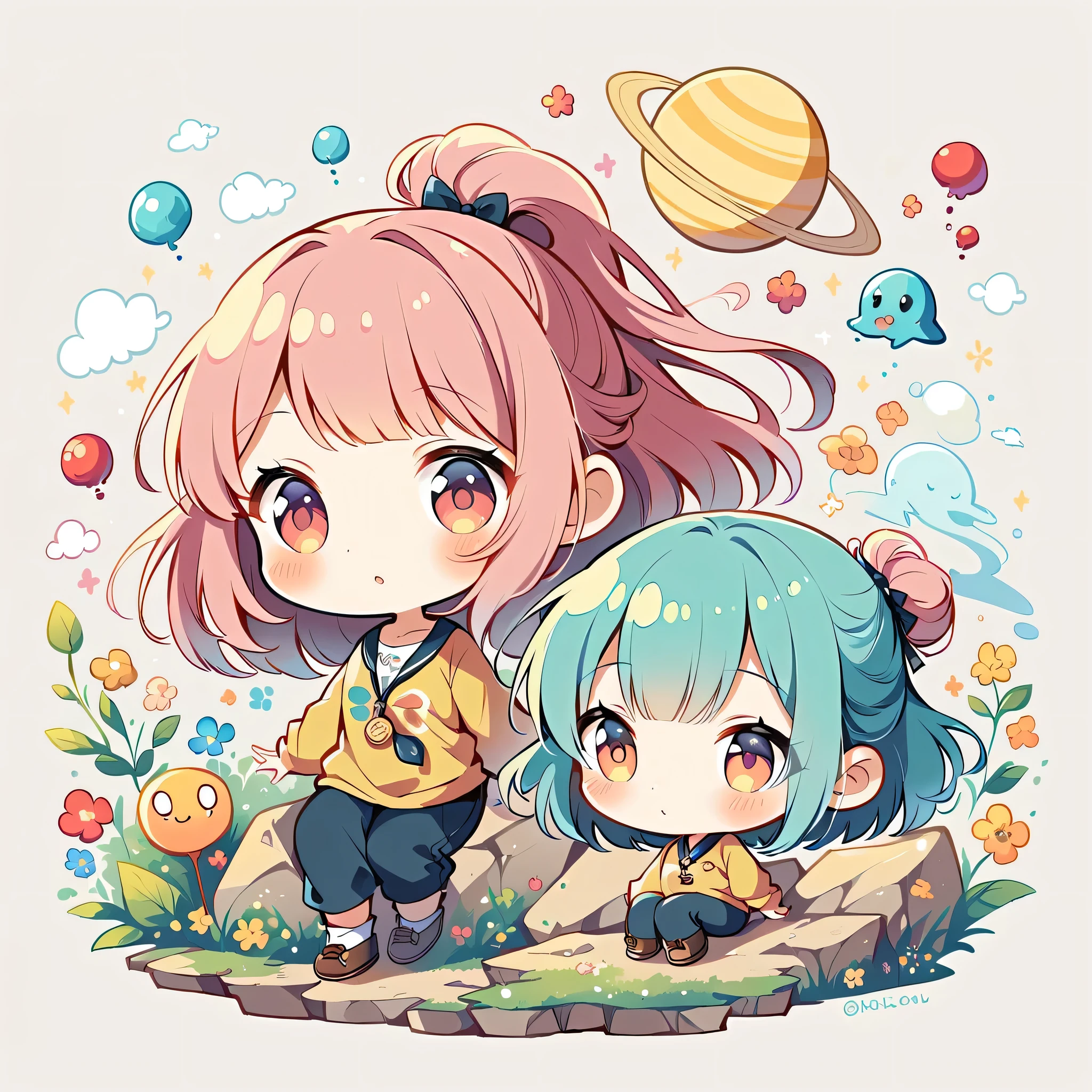 Makoto Shinkai style, Kawaii Design, most beautiful girl ever、chibi, (((earthquake))), Lots of cute aliens, Saturn in the background