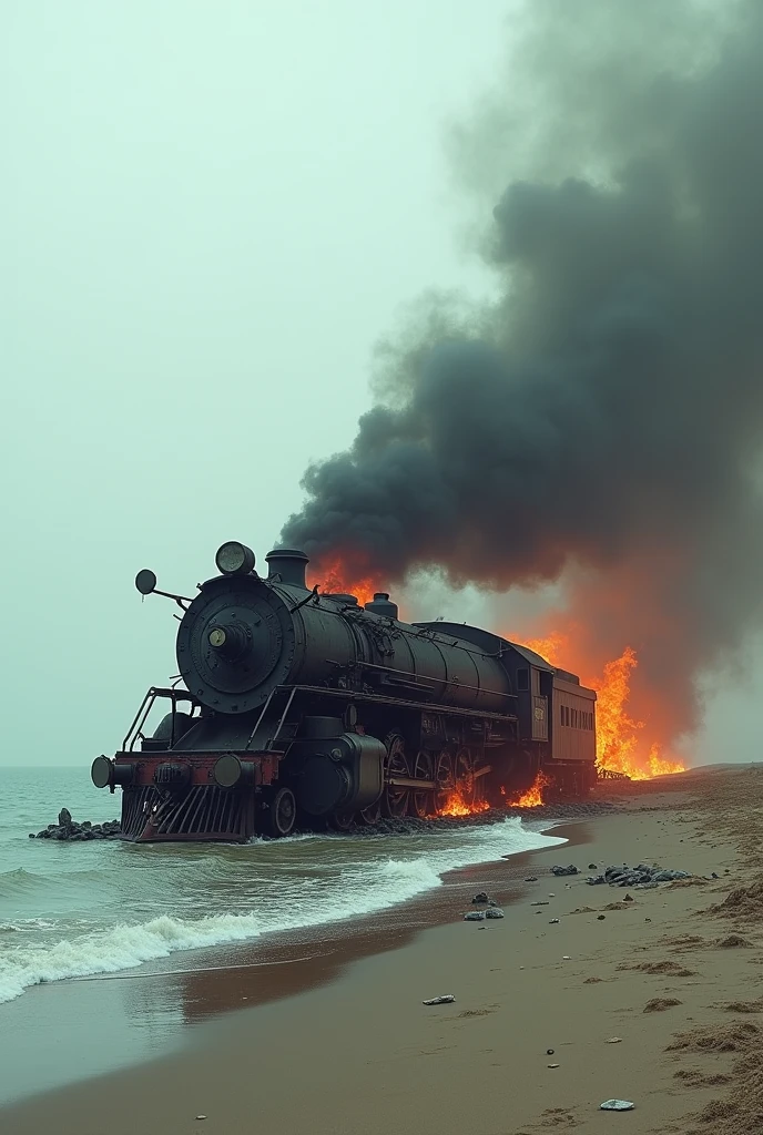 (Photo realism) vapor train, crashed on beach, destroyed, on fire, outdoors, soft lighting, sea in background, realistic, intricate details, cold colors
