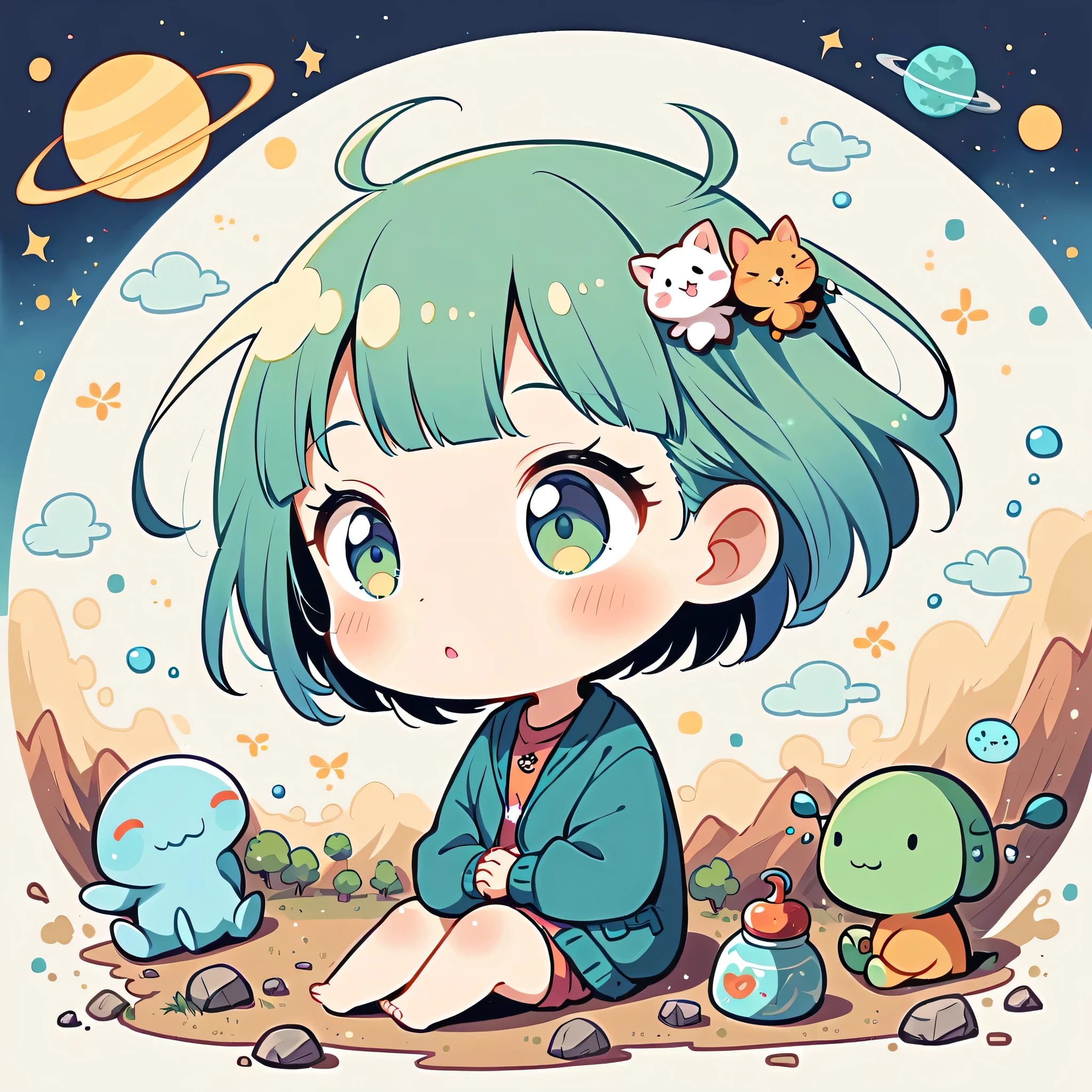 Makoto Shinkai style, Kawaii Design, most beautiful girl ever、chibi, (((earthquake))), Lots of cute aliens, Saturn in the background