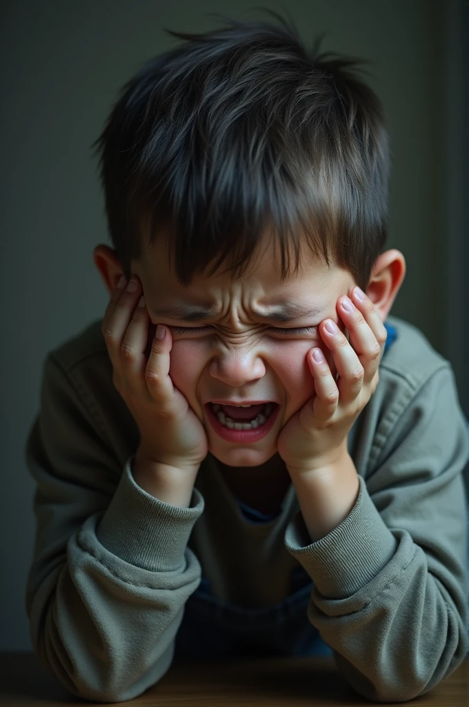 Child with his hands on his head desperate and crying in pain