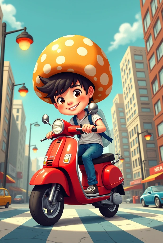 mushroom helmet,motorcycle CUTE rider guy with Honda click scooters red motorcycle,the back ground in the city, input name KABUTE