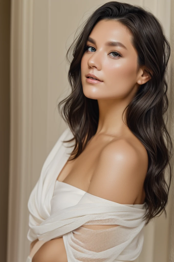 Portrait of a 30-year-old top model with an elegant. She has dark hair styled, and her light-coloured eyes are striking to the camera. The image focuses on her refined facial features, light tan skin