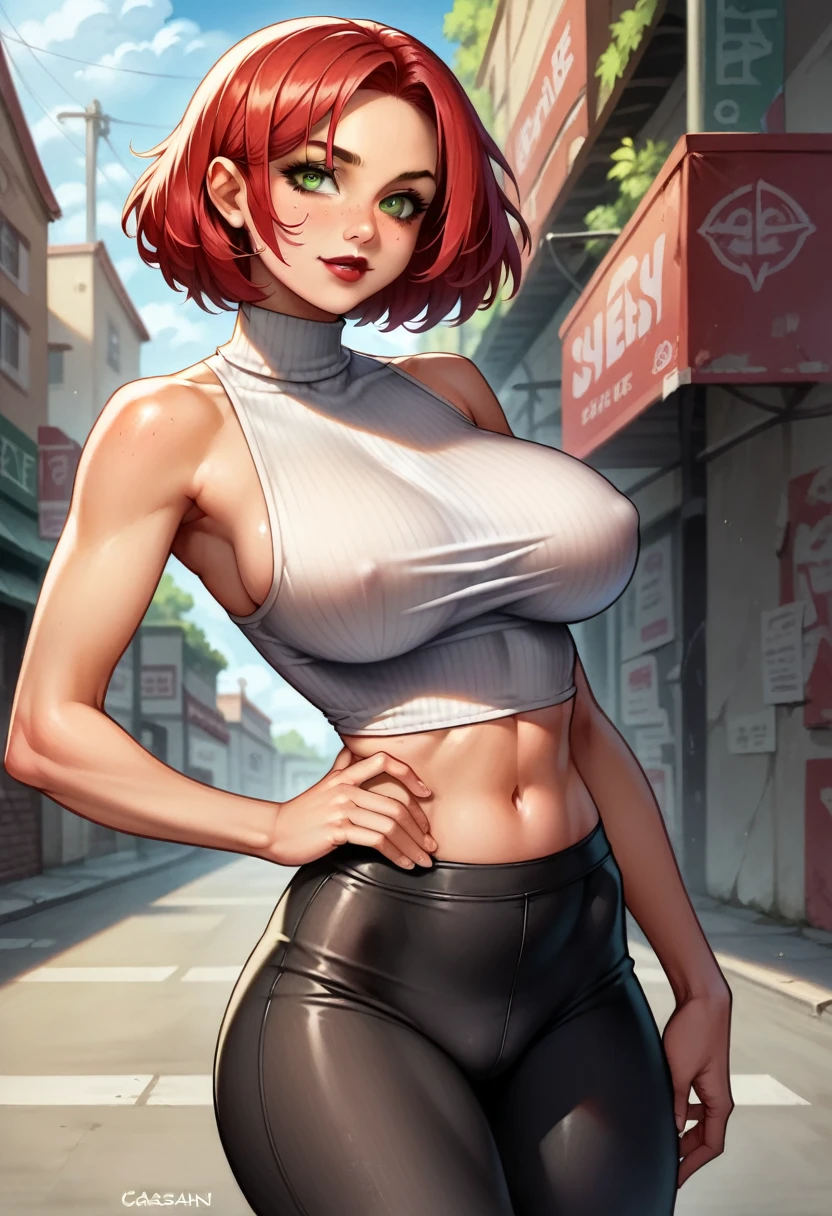 (high-level image quality), (high quality), (high resolution), (detailed), (masterpiece), beautiful woman, ((caucasian)), green eyes, red hair, short hair, dark red lipstick, busty, slender body, Detailed eyes, perfect eyes, Detailed face, portrait, streets, turtleneck top, leggings, sexy poses,