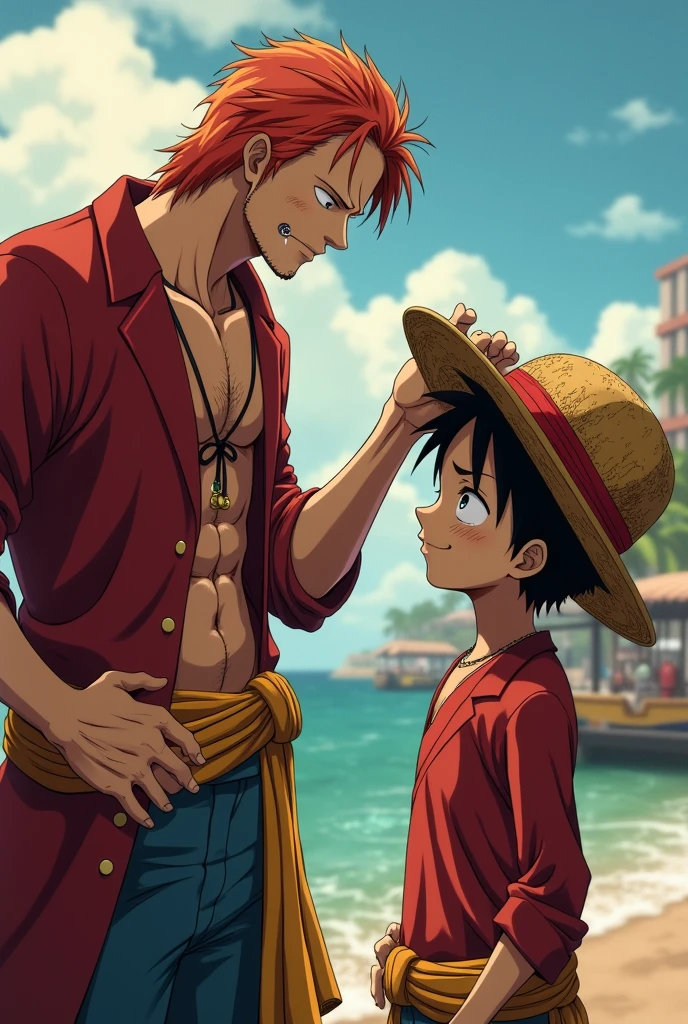 Shanks putting straw hat in young Luffy head
And Luffy crying