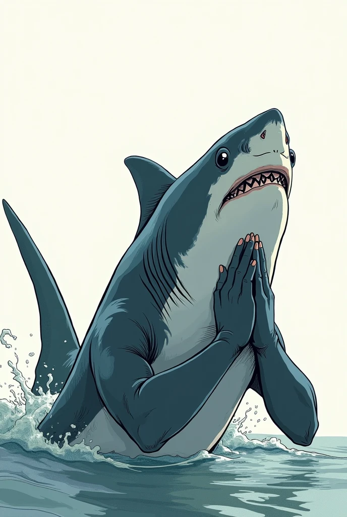 Comic image of a shark praying more realistis Facing 