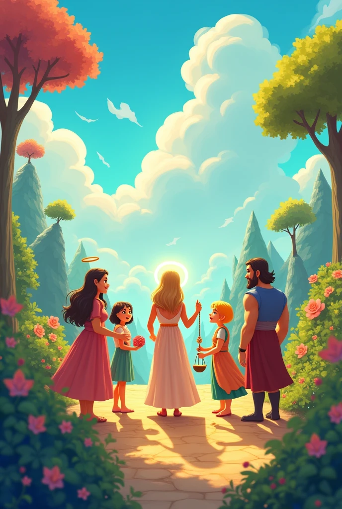Create an image that represents faith, hope, charity, justice, prudence, strength for animated children