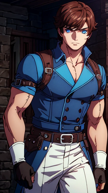 (1boy, richter, short hair, bangs, blue eyes, brown hair, (bright pupils:1.5)), (extremely detailed CG unit 8k wallpaper),(master part), (best quality), (ultra detail), (best illustration),(wanostyle), cowboy shot, (Sharp eyeliner, ombre, detail eyes), dark dungeon interiors background, ,break , (vamptech), shirt, gloves, collarbone, jacket, short sleeves, black gloves, belt, pants, fingerless gloves, blue jacket, white pants,