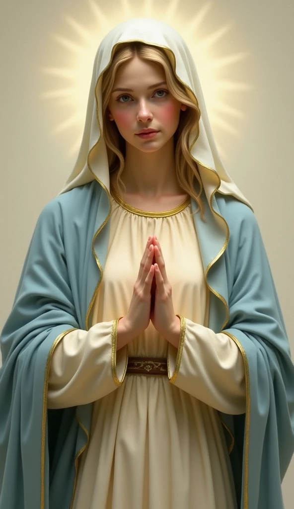 Beautiful young Virgin Mary with open arms looking down at the camera、Reddish beige tunic、Light blue cloak and veil