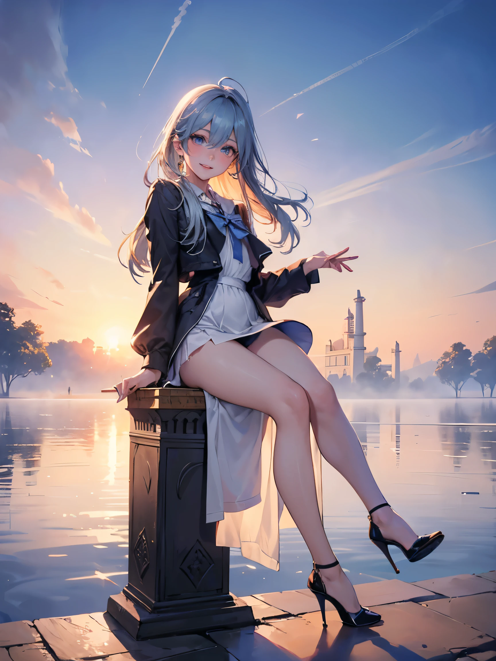 ((Biologically correct limb count)),(( From head to toe,Full-body photo including face)),4K,((Standing position)),masterpiece,((Focus on the face)),((Symmetrical facial features)),Eyes with detailed description,Beautiful woman,Great style,Beautiful arms,Beautiful legs,Beautiful Hands,(Small Ass,Thin thighs),Detailed depiction of the face,Small earrings,necklace,(Will school uniform,dress((High heels))),((Random outdoor night scenes)),(((blue blonde))),Realistic photo,Looking up,Look up,smile,Lie down on the road,Lying down,Panty shot