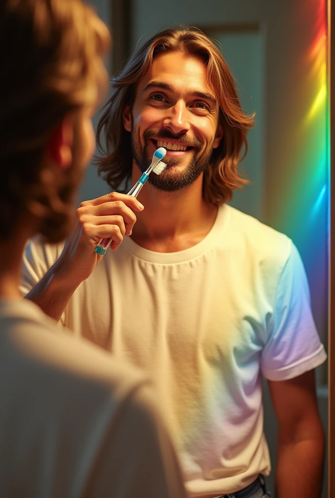 Jesus Christ brushing his teeth in front of the mirror. He smiles happily with a wise and benevolent face. He is wearing a white T-shirt and jeans. Surrounded by rainbow-colored light. Jesus of Nazareth is depicted as a gentle, gentle man with shoulder-length hair. His wavy brown hair cascades over his shoulders. His face conveys deep wisdom and empathy, radiating warmth and understanding. Photography, close-up, highly detailed, trending at the art station, sharp focus, studio shot, intricate details, Greg Rutkowski,