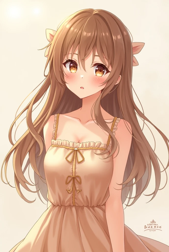 A cute anime girl with long hair, cute cheeks  cute face, bigger chest, light brown hair  amber eyes  bigger chest bigger 