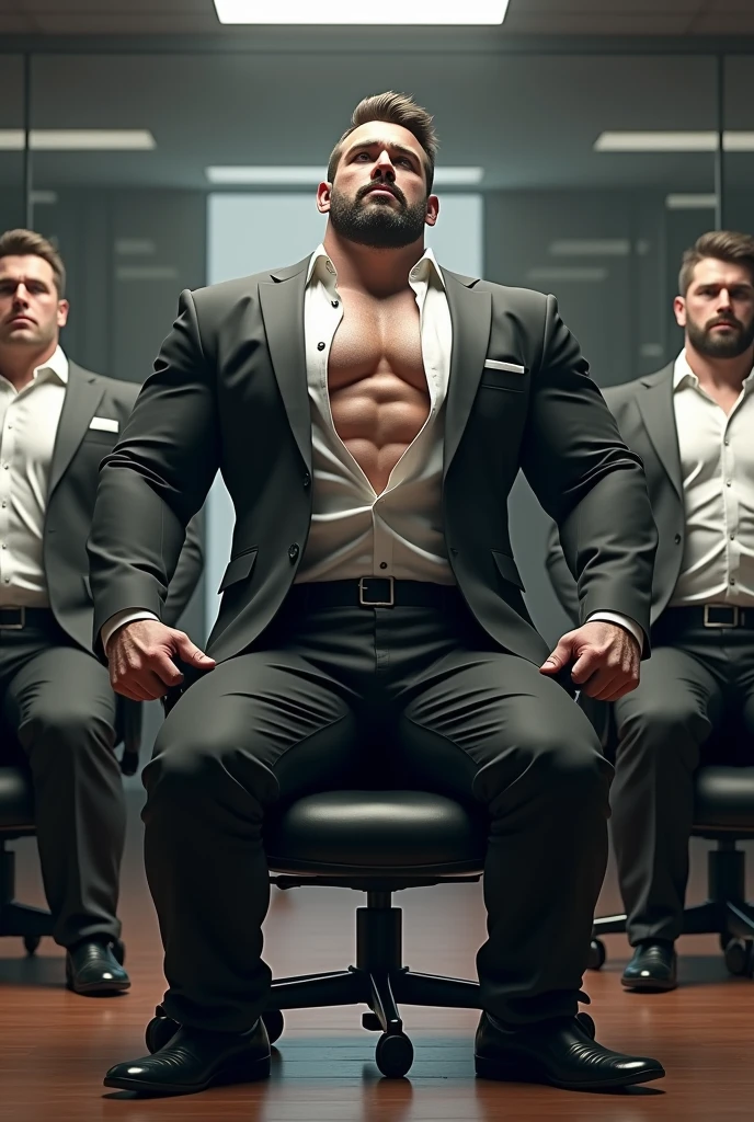 Big giant body builder men wearing unbuttoned black and white suit in office on chair