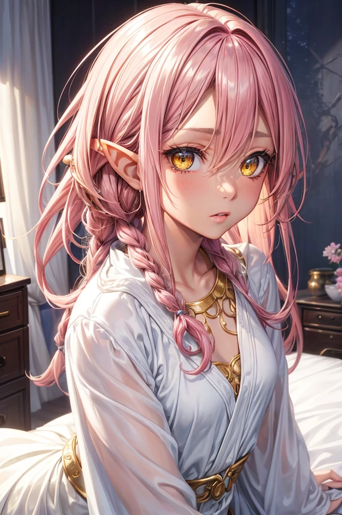 (beautiful elf style), (((tanned skin))) (pov, love style, solo:2, 1000 yo), (beautiful detailed dreadlocks:1.4) (beautiful pink hair long hair y elf woman) (beautiful sexellow eyes) ((troubled face)) (glossy lip), (small tits), a detailed night robe, small tits), brein the simple bedroom, background best morning sky, BREAK, 16k, masterpiece, best quality, immensely detailed beautiful morning.