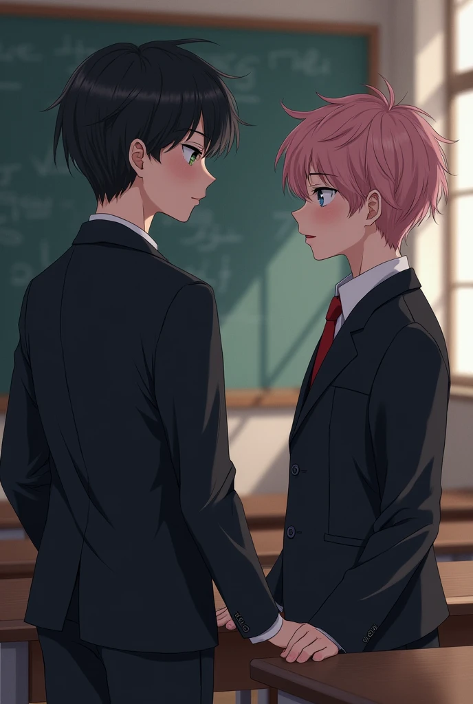in the background a classroom, Two boys, one in black , and the other more effeminate with pink lipstick, shorter shy