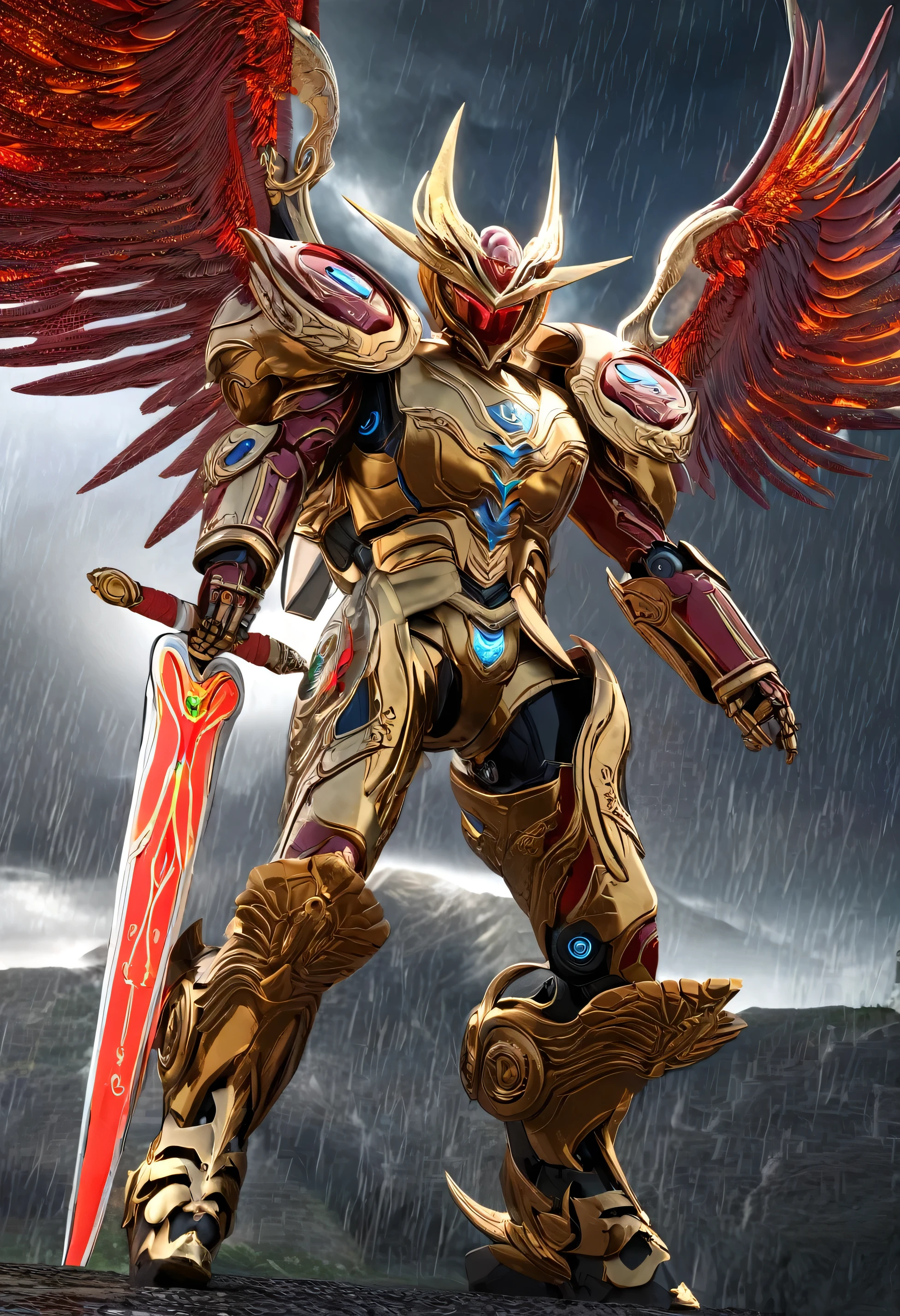 close up of robot with wings on surface, prajurit phoenix, saint seiya unreal engine rendering, phoenix solarpunk, white and red armor, detailed cosmic angel robot, a flying scarlet phoenix, glowing mecha armor, ancient dragon armor yang rumit, ancient dragon armor, intricate white and gold armor, mecha wings, high fantasy kamen rider, god king art ai, Holding the Pancasila Shield in his left hand and a long, ancient, fiery red Keris, perpfect detail. hyper realistic, 4k, ALREADY. ultra detail, Hyper maximalism, fantasy, Badass, very detail, lightning and rain,