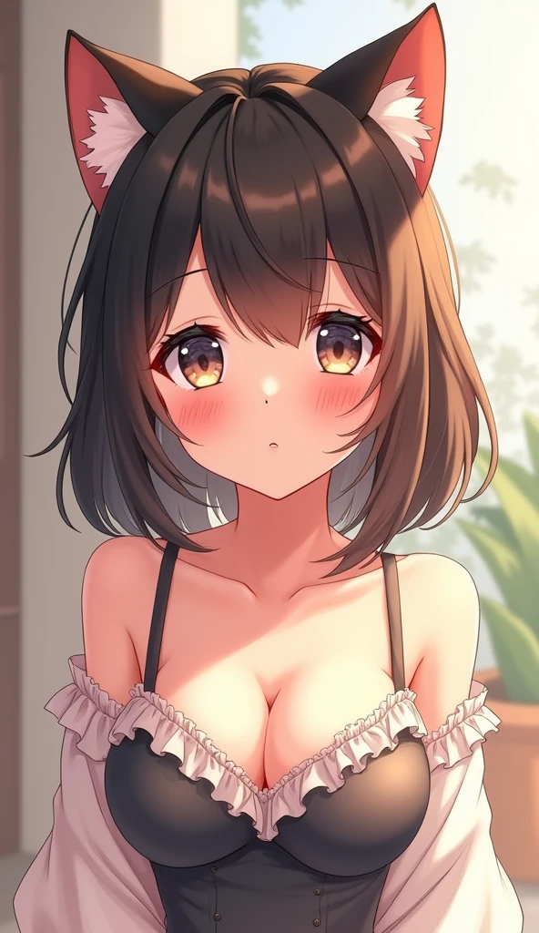 one girl, anime style, cat ears, off shoulder, medium breasts, embarrassed, shy