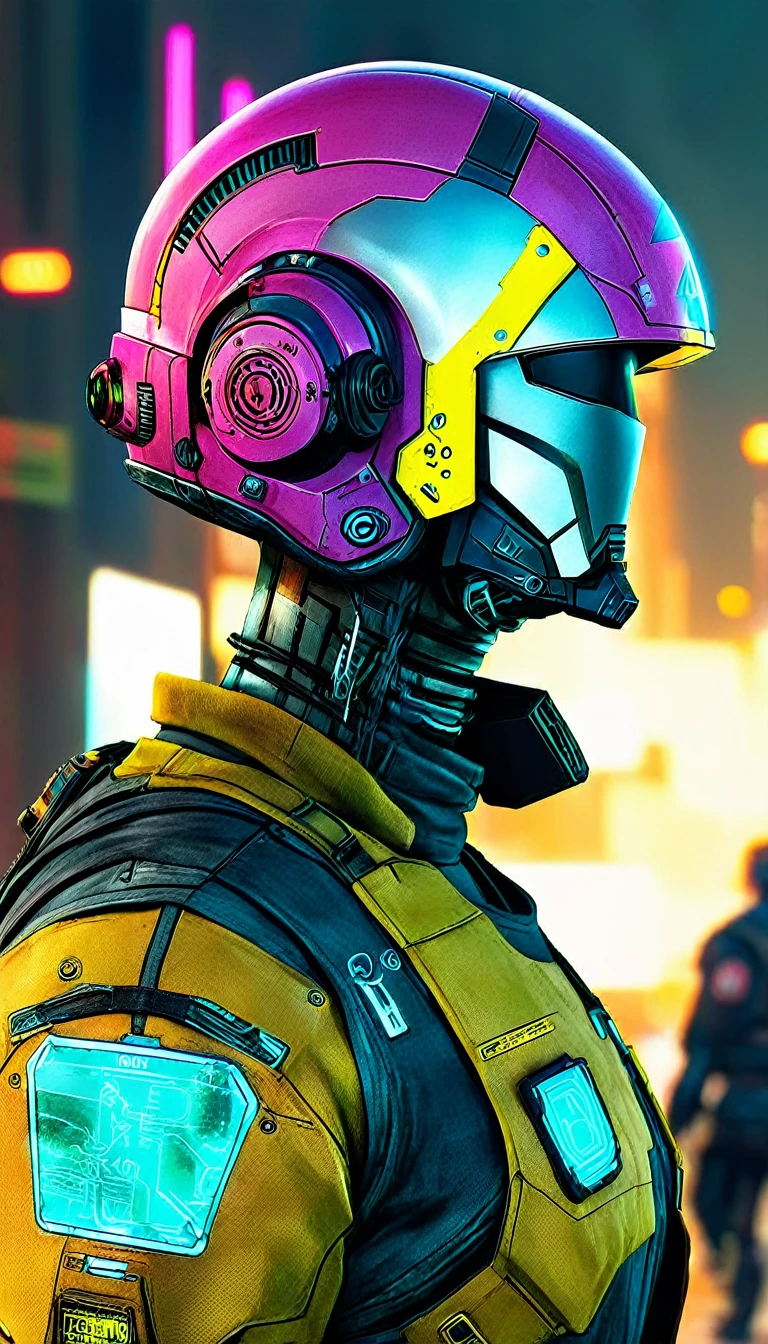 a close up of a person in a futuristic suit with a helmet, greg beeple, muted cyberpunk style, hyper-realistic cyberpunk style, cyberpunk soldier, clothed in sci-fi military armor, fashionable cyberpunk mechanoid, cyberpunk suit, cyberpunk vibrant colors, in style of beeple, style hybrid mix of beeple, cyberpunk iron man, has cyberpunk style