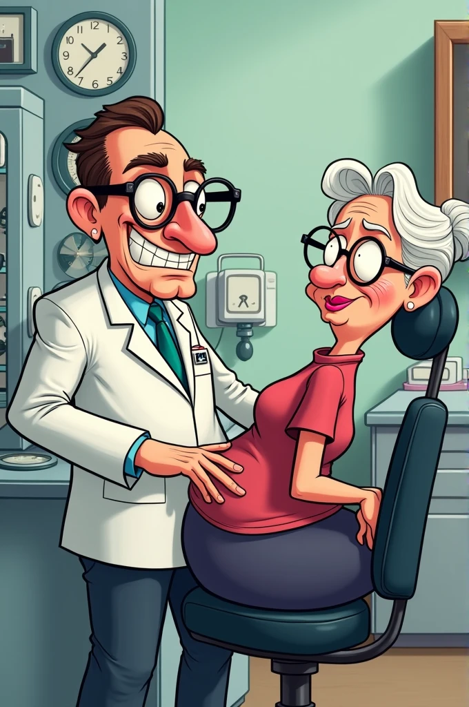 Make me a cartoon of an optometrist repairing some glasses while grabbing his (ASS) to old lady discreetly and the old lady gives him money $$$ as a very comical satire 